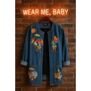 Vtg Bob Mackie Wearable‎ Art Denim Jacket Size S Fiesta Market Scene Embroidered